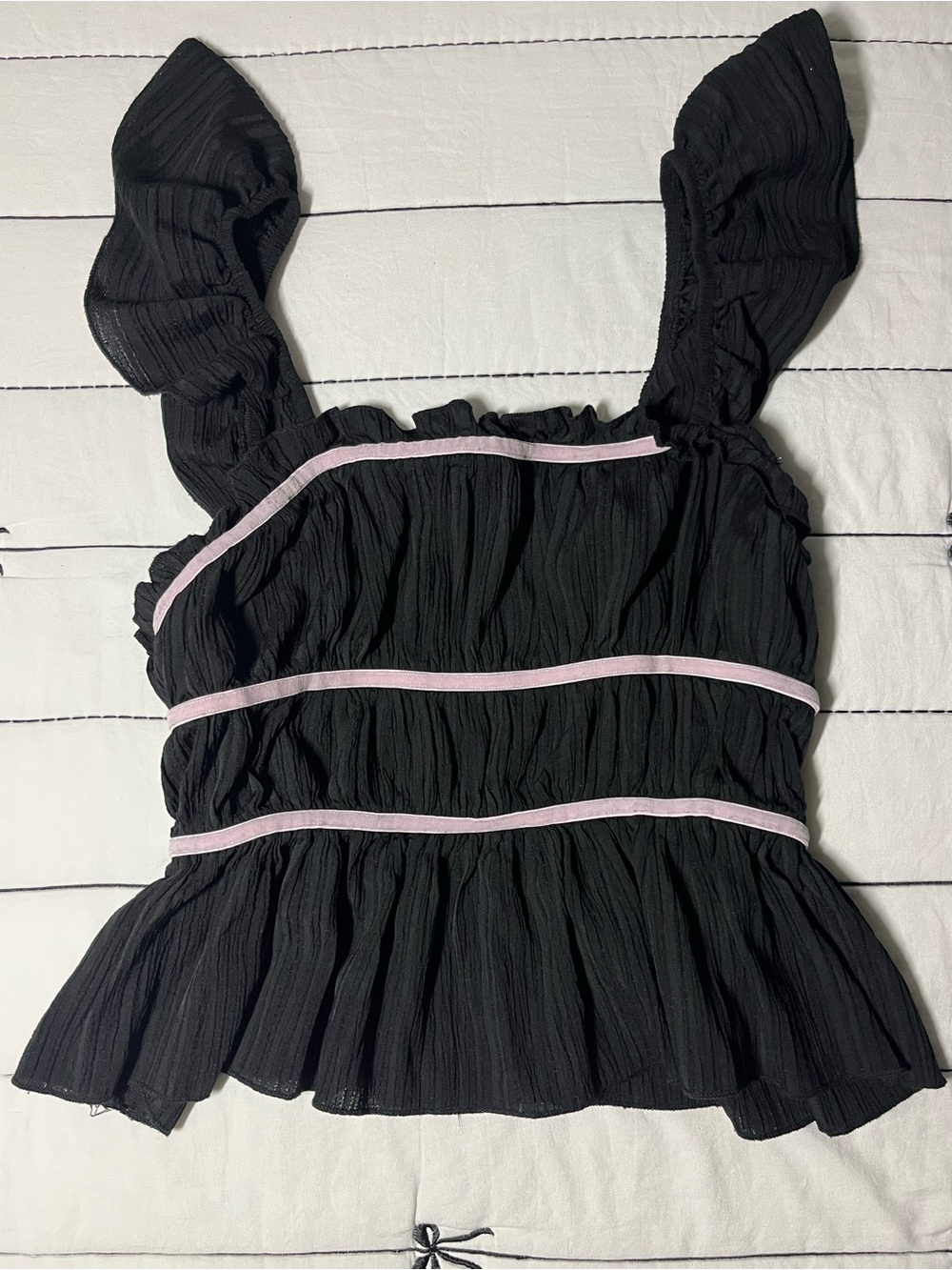SHEIN Black Ruffle Peplum Tank with Pink Trim